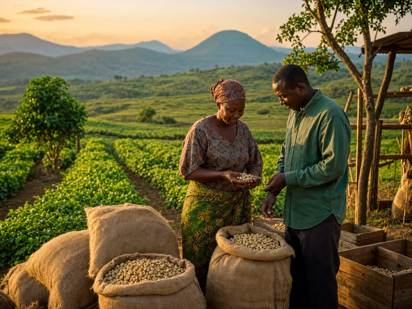 Tanzanian cooperative farmers inspecting harvested cashews
