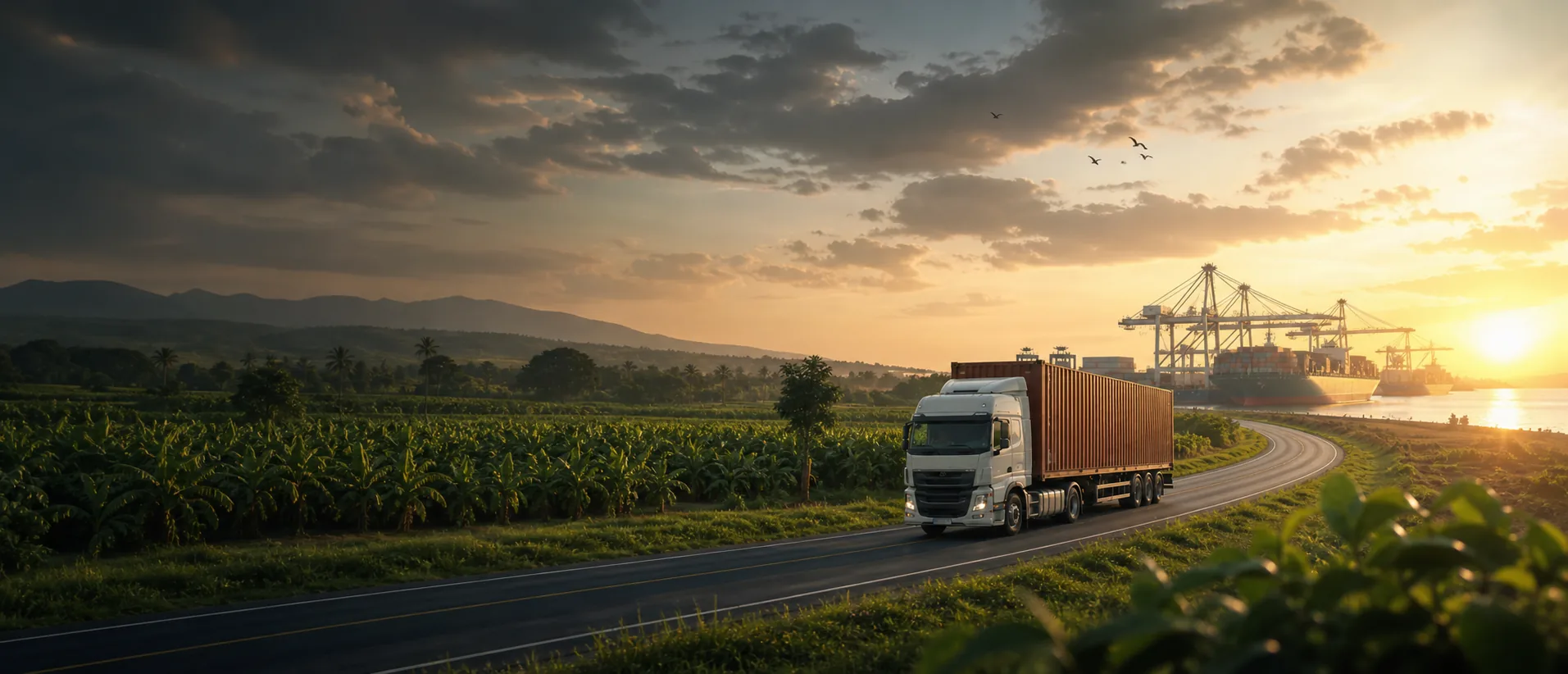 Cargo truck travelling through Tanzanian farmland toward a seaport